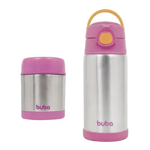 Kit Copo Térmico Canudo Buba 400ml + Pote Térmico 350ml Rosa Foto 1