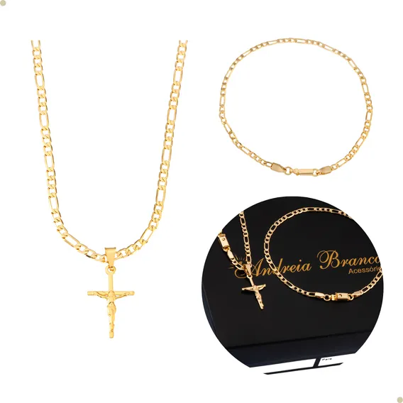 Kit Corrente Pingente E Pulseira Masculina Banhada Ouro 18k Cor Dourado Foto 1