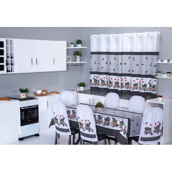 Kit Cozinha Cortina+ Capas De Cadeira+ Toalha 8l - Galinha Foto 1