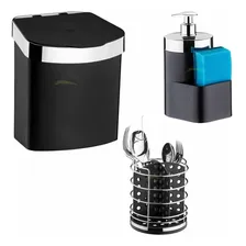 Kit Cozinha Preto/cromado Lixeira, Porta Detergente, Talher Foto  mini 1