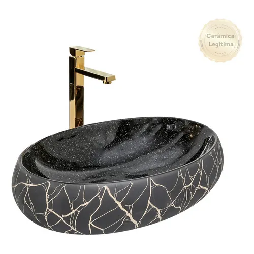 Kit Cuba Pia Louça Cerâmica Banheiro C/torn E Vál Dourada 10 Foto 1