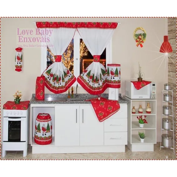 Kit De Jogo De Cozinha Natal Com Cortina 10 Peças Cor Vermelho Foto 1