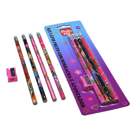 Kit Escolar 4 Lápis Borrachas + 1 Apontador Menina Foto 1