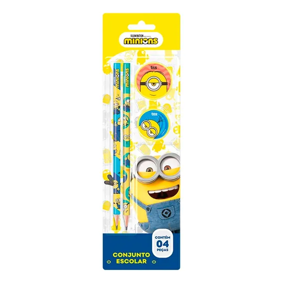 Kit Escolar Tris Minions Com 4 Peças 2 Lápis Apontador E Borracha Conjunto Escolar Foto 1