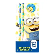 Kit Escolar Tris Minions Com 4 Peças 2 Lápis Apontador E Borracha Conjunto Escolar Foto mini 3