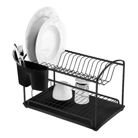 Kit Escorredor Louças Duplo Bandeja Pia Cozinha Preto Fosco Foto 1