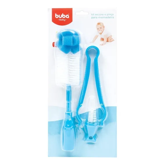 Kit Escova E Pinça Mamadeira Azul Buba BebĂȘ Limpeza Baby Foto 1
