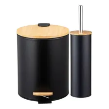Kit Escova Vaso Sanitário+lixeira Pedal Tampa De Bambu 5l Foto  mini 1