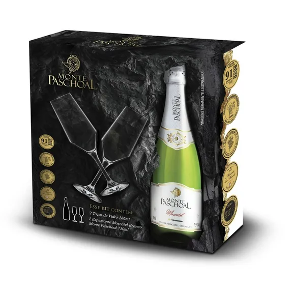 Kit Espumante Monte Paschoal Moscatel 750ml com 2 taças vidro Foto 1