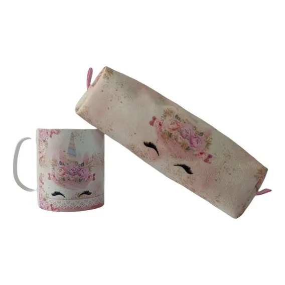 Kit Estojo Nylon E Caneca Unic贸rnio Rosa Material Escolar Foto 1