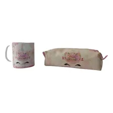Kit Estojo Nylon E Caneca Unic贸rnio Rosa Material Escolar Foto mini 2