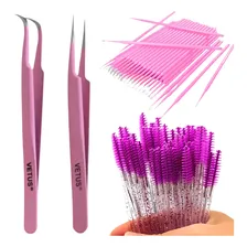 Kit extensão de cÃlios microbrush escovinhas pinças vetus Rosa Foto mini 1
