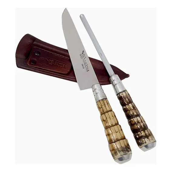 Kit Faca 6'' E Chaira Inox Rabo Tatu Bainha Couro Churrasco Foto 1