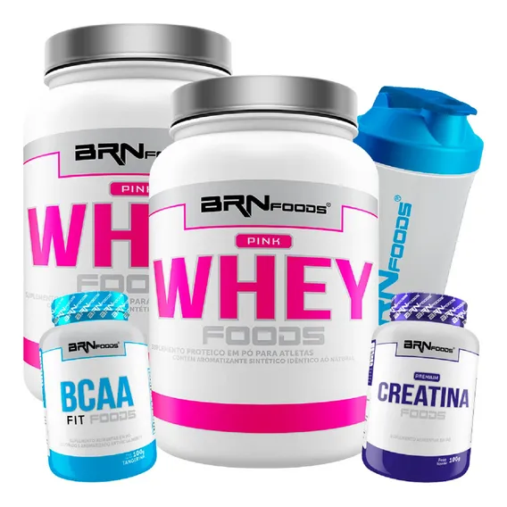 Kit Feminino 2x Pink Whey + Bcaa + Creatina + Shaker - Brn Sabor Baunilha Foto 1