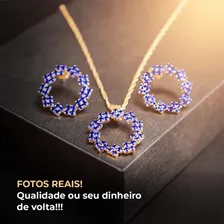 Kit Feminino Colar Brinco Pingente Dourado Strass Foto mini 4