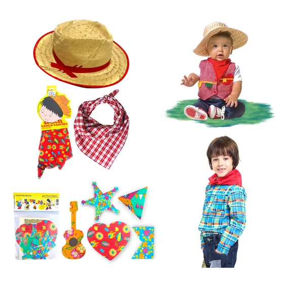 Kit Festa Junina ChapĂ©u, Gravata E Remendo BebĂȘs-infantil Cor Vermelho + Lenço + Remendo Foto 1