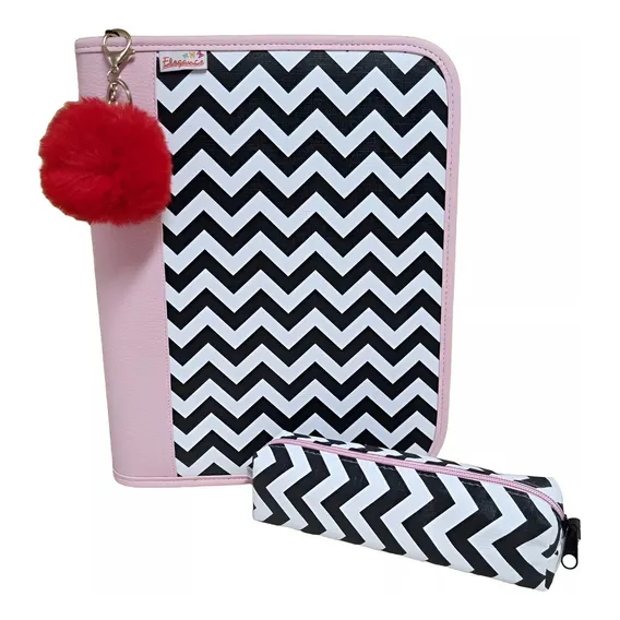 Kit Fichário Feminino +estojo + Pom Pom. Cor Rosa Foto 1