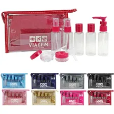 Kit Frascos De Viagem Bolsa Transparente P/ Álcool Shampoo Cor Fúcsia Foto  mini 1