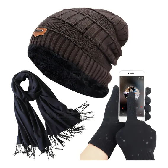 Kit Frio Touca Gorro + Luva Touch Celular + Cachecol Echarpe Cor Marrom Foto 1