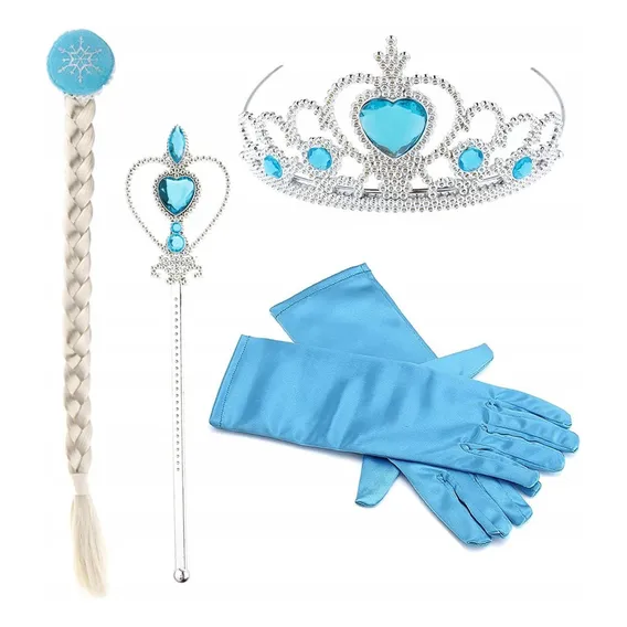 Kit Frozen Elsa Acessórios Com Trança Luvas Coroa E Varinha Cor Azul-celeste Foto 1