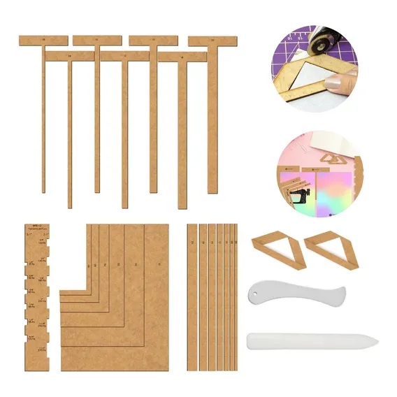 Kit Gabarito Encadernação Mdf Wireo Esquadros Espatula Vinco Cor Marrom Foto 1