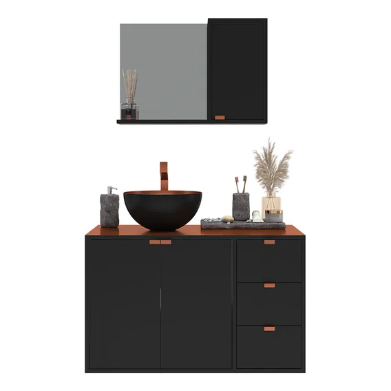 Kit gabinete banheiro com cuba e espelheira cor preto e cobre Foto 1