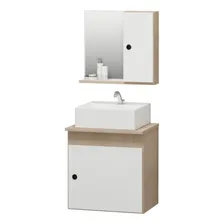Kit Gabinete Banheiro + Pia + Espelheira Retro 45cm Pia Branca M贸vel Madeirado/branco Foto mini 1