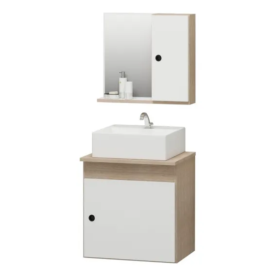 Kit Gabinete Banheiro + Pia + Espelheira Retro 45cm Pia Branca M贸vel Madeirado/branco Foto 1