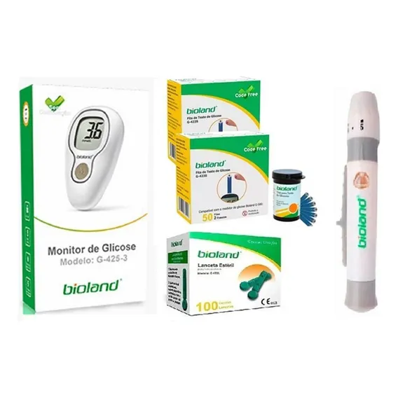 Kit Glicemia 100 Tiras + 100 Lancetas + Lancetador Bioland Foto 1