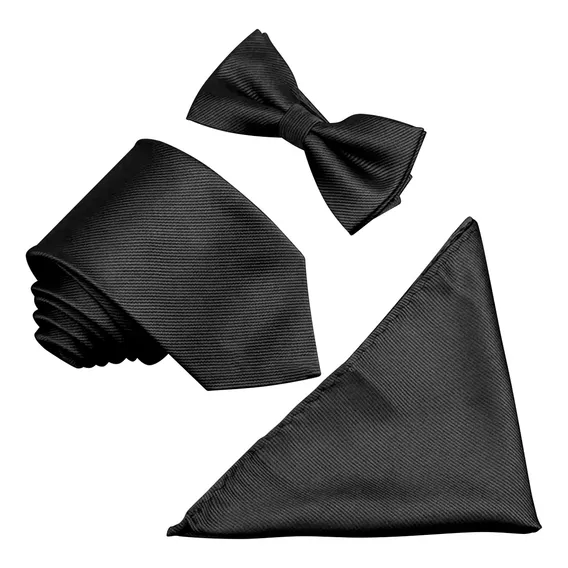 Kit Gravata Masculina Com Lenço + Gravata Borboleta Preto Foto 1