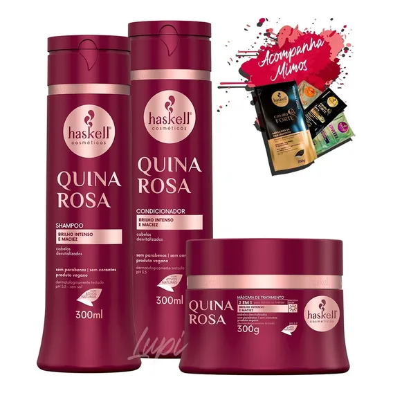 Kit Haskell Quina Rosa Shampoo Condicionador Máscara 250g Foto 1