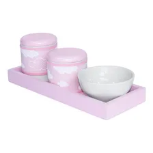 Kit Higiene Bandeja Pote Porcelana Nuvem Chevron Rosa Menina Foto  mini 1