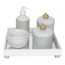 Kit Higiene Bandeja Potes Porcelanas Passarinho Bebê Dourado Cor Coroa Foto mini 1