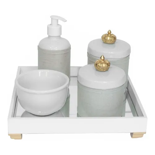 Kit Higiene Bandeja Potes Porcelanas Passarinho Bebê Dourado Cor Coroa Foto 1