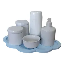 Kit Higiene Bebê Porcelana Bandeja Nuvem Azul 6 Peças Foto  mini 1