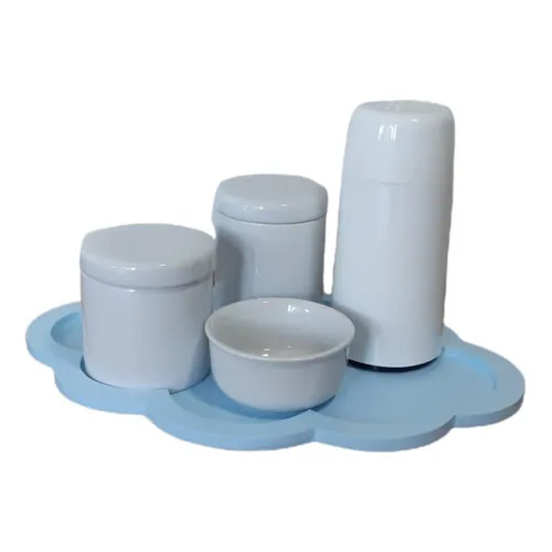 Kit Higiene Bebê Porcelana Branca Bandeja Nuvem Azul 5 Pçs Foto 1