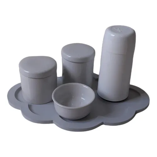 Kit Higiene BebĂȘ Porcelana Branca Bandeja Nuvem Cinza 5 Pçs Foto 1
