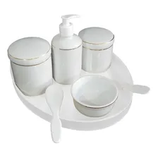 Kit Higiene Bebe Menino Menina Branco Ouro Porcelana Bandeja Foto  mini 1