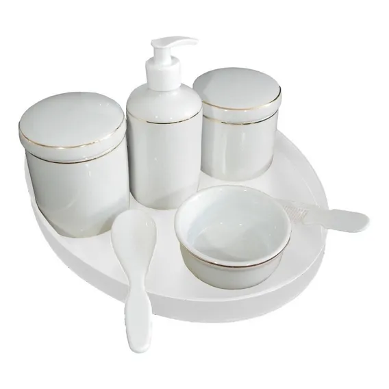 Kit Higiene Bebe Menino Menina Branco Ouro Porcelana Bandeja Foto 1