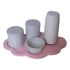 Kit Higiene Bebê Porcelana Branca Bandeja Nuvem Rosa 5 Pçs Foto  mini 1