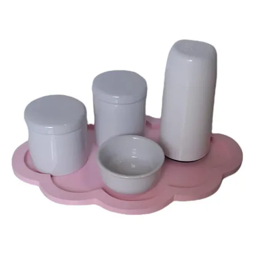 Kit Higiene Bebê Porcelana Branca Bandeja Nuvem Rosa 5 Pçs Foto 1