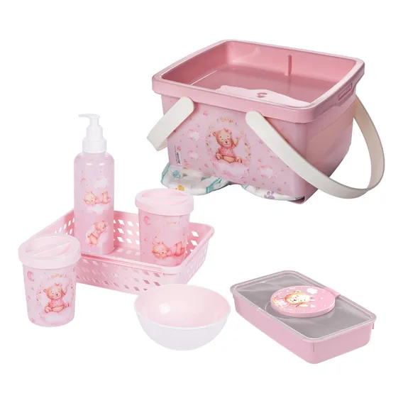 Kit Higiene Infantil 7pçs Porta Fralda Lenço Umedecido BebĂȘ Cor Ursa Rosa Foto 1