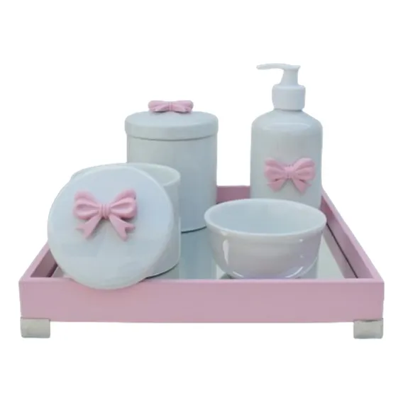 Kit Higiene Laço Rosa Menina Bebê Porcelana Maternidade Pote Ciranda Arte Criativa Foto 1