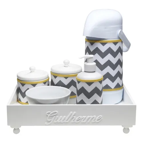 Kit Higiene Madeira Cinza Chevron Amarelo Porcelana Bebê Cor Cinza Foto 1
