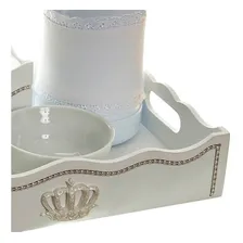 Kit Higiene Porcelana Madeira Bandeja Coroa Dourada Bebê Cor Pérolas Brancas E Corôa Foto mini  2