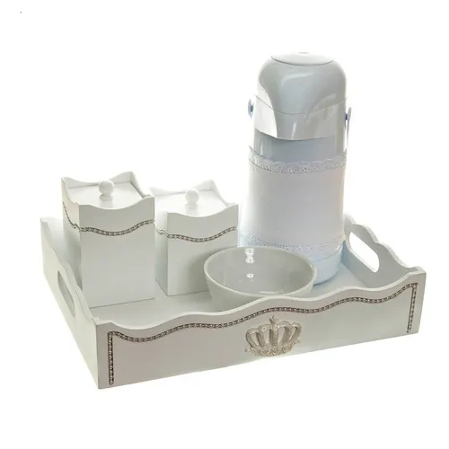 Kit Higiene Porcelana Madeira Bandeja Coroa Dourada Bebê Cor Pérolas Brancas E Corôa Foto 1