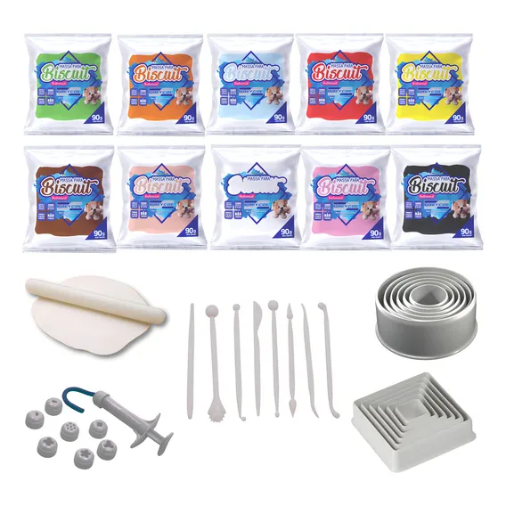 Kit Iniciante Grande - Massa + Kit Ferramentas Cor 10 Massa De Biscuit Colorida Foto 1