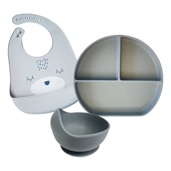 Kit Introdução Alimentar Com Bowl Babador E Prato Silicone Cor Cinza Foto 1
