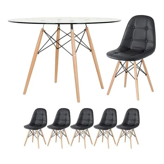 Kit Jantar Mesa Eames Eiffel 120 Cm Vidro 5 Cadeiras Botonê Cor Preto Foto 1