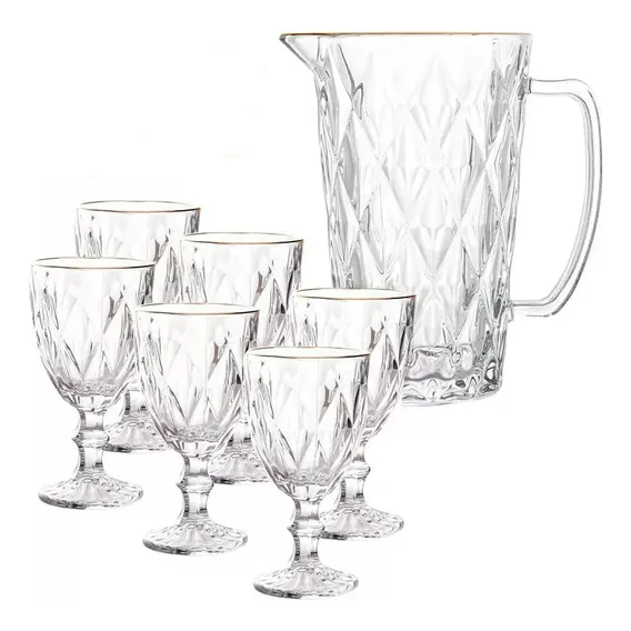 Kit Jarra E Taças Com Fio De Ouro Transparente 7pç Diamond Foto 1